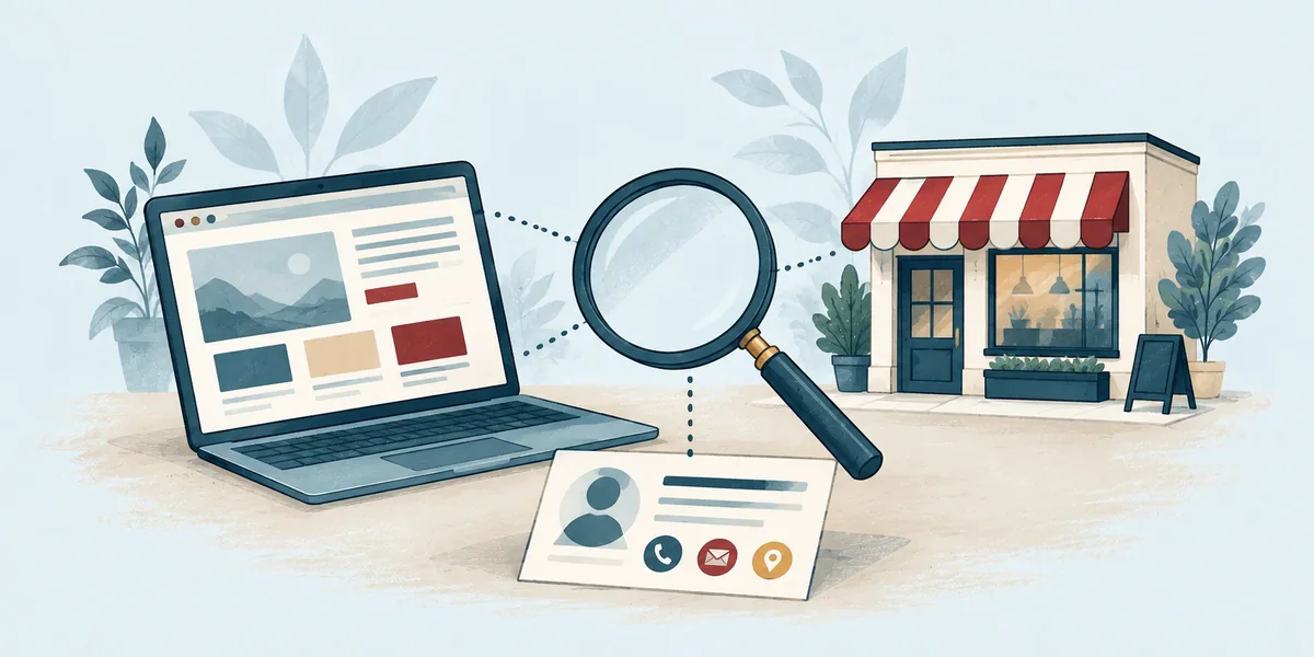 Web sitesi, mağaza ve iletişim kartını birlikte gösteren illüstrasyon.